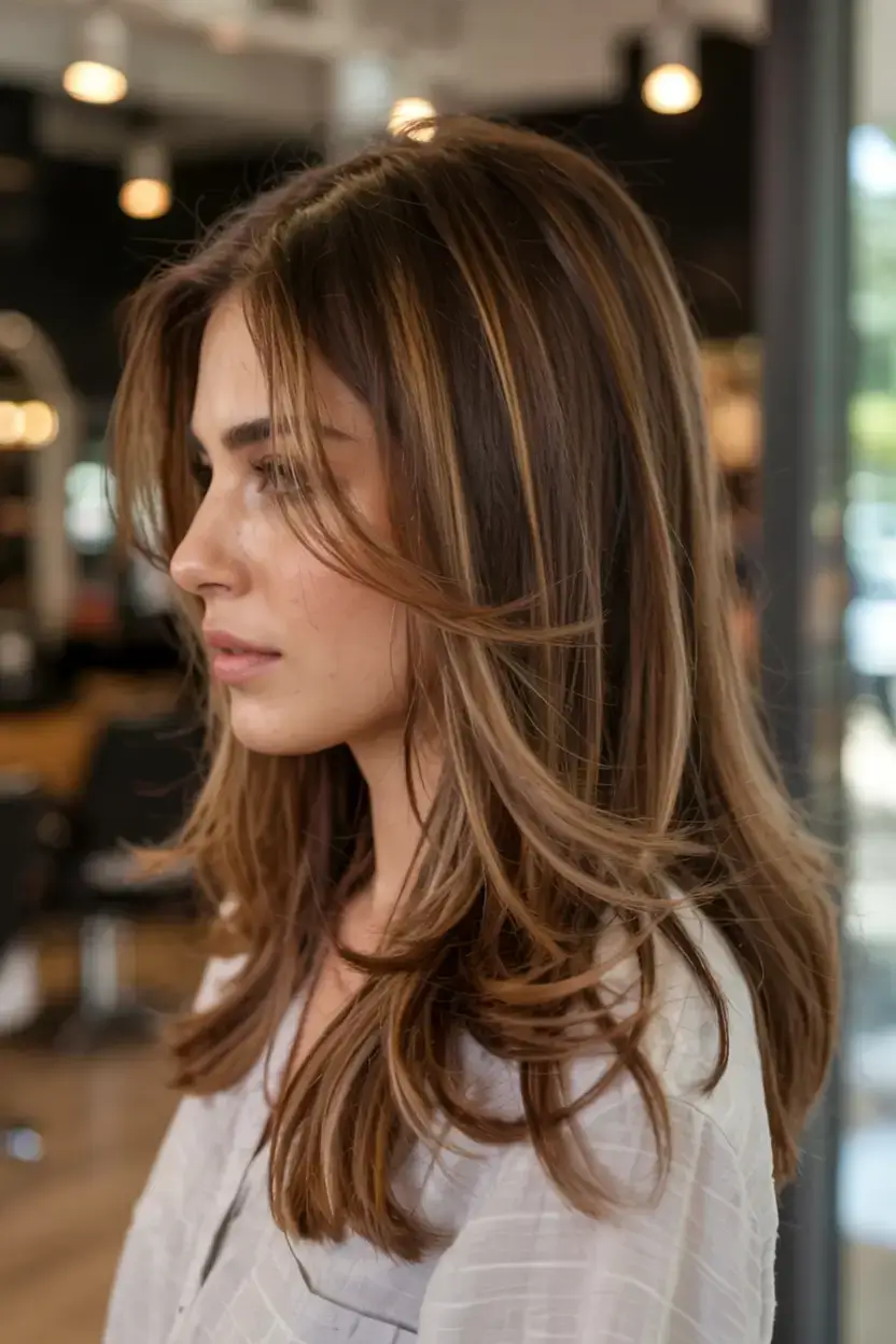 september hair color ideas fall trends for 2025+Warm Pecan Brown with Layered Cut