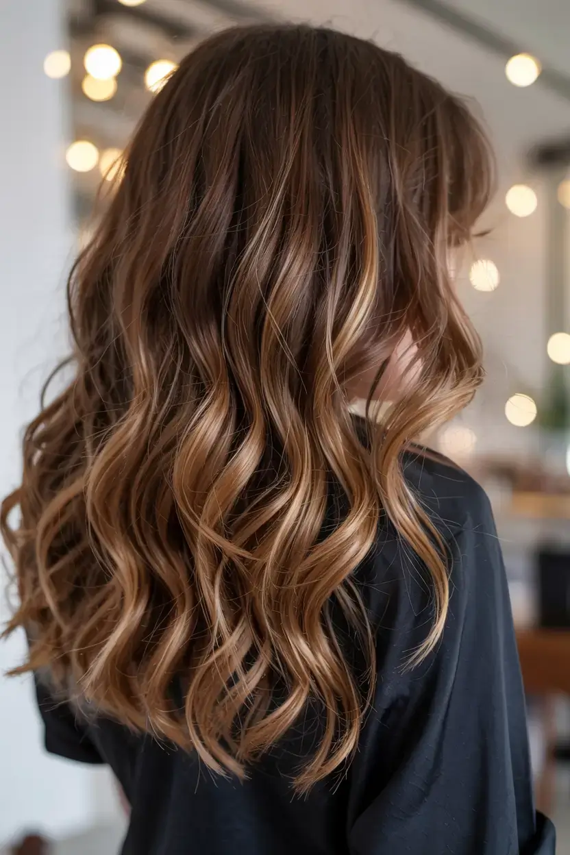 september hair color ideas fall trends for 2025+Golden Bronze Waves with Soft Fringe