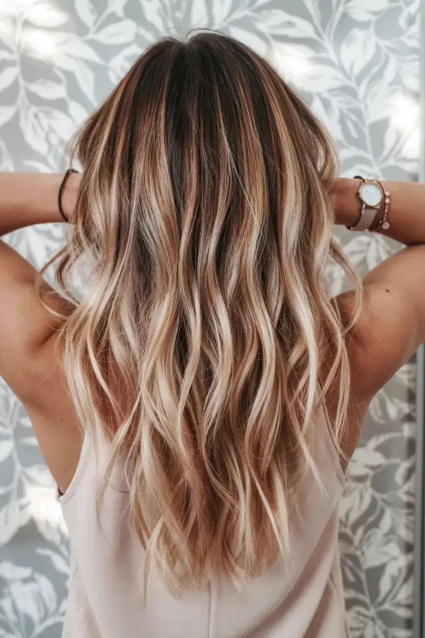september hair color ideas fall trends for 2025+Toasted Vanilla Balayage with Soft Waves