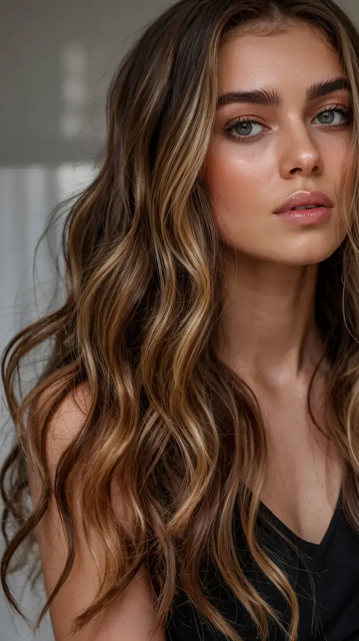 september hair color ideas fall trends for 2025+Caramel Swoops with Rich Chocolate Base