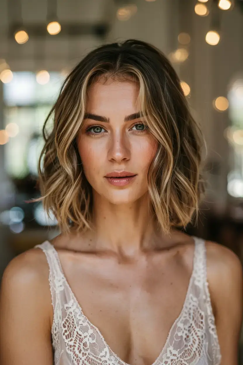 september hair color ideas fall trends for 2025+Modern Vanilla Highlights on a Textured Lob