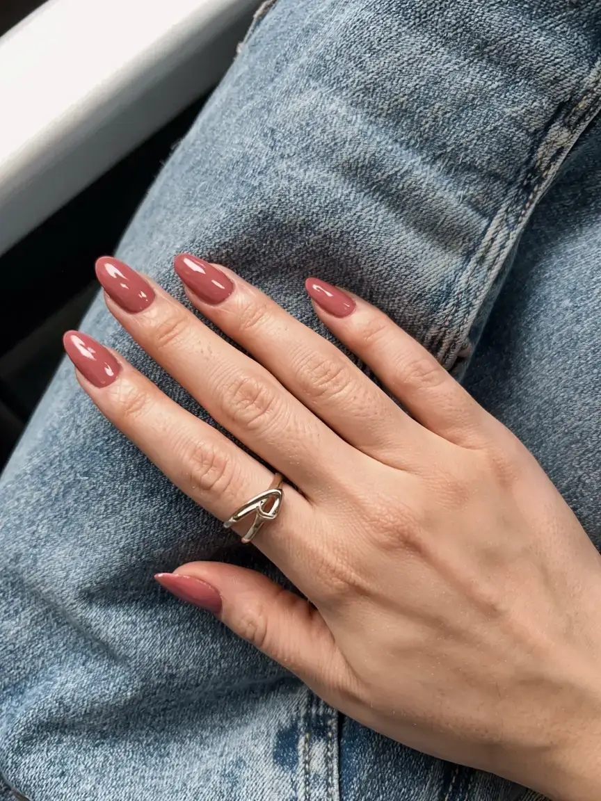 september nails color ideas 2025 Warm Rosewood with Denim Energy