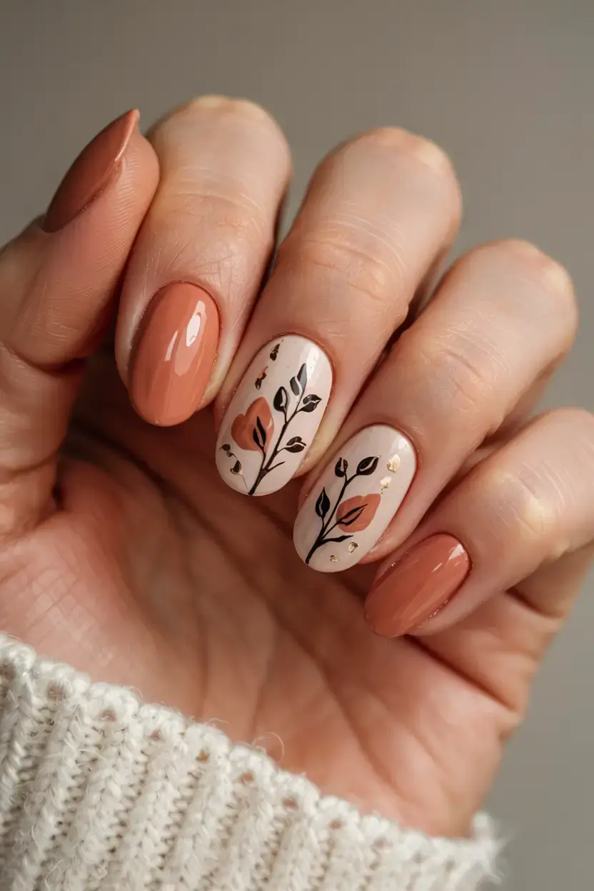 september nails design fall trends for 2025 Terracotta Petals & Soft Botanicals