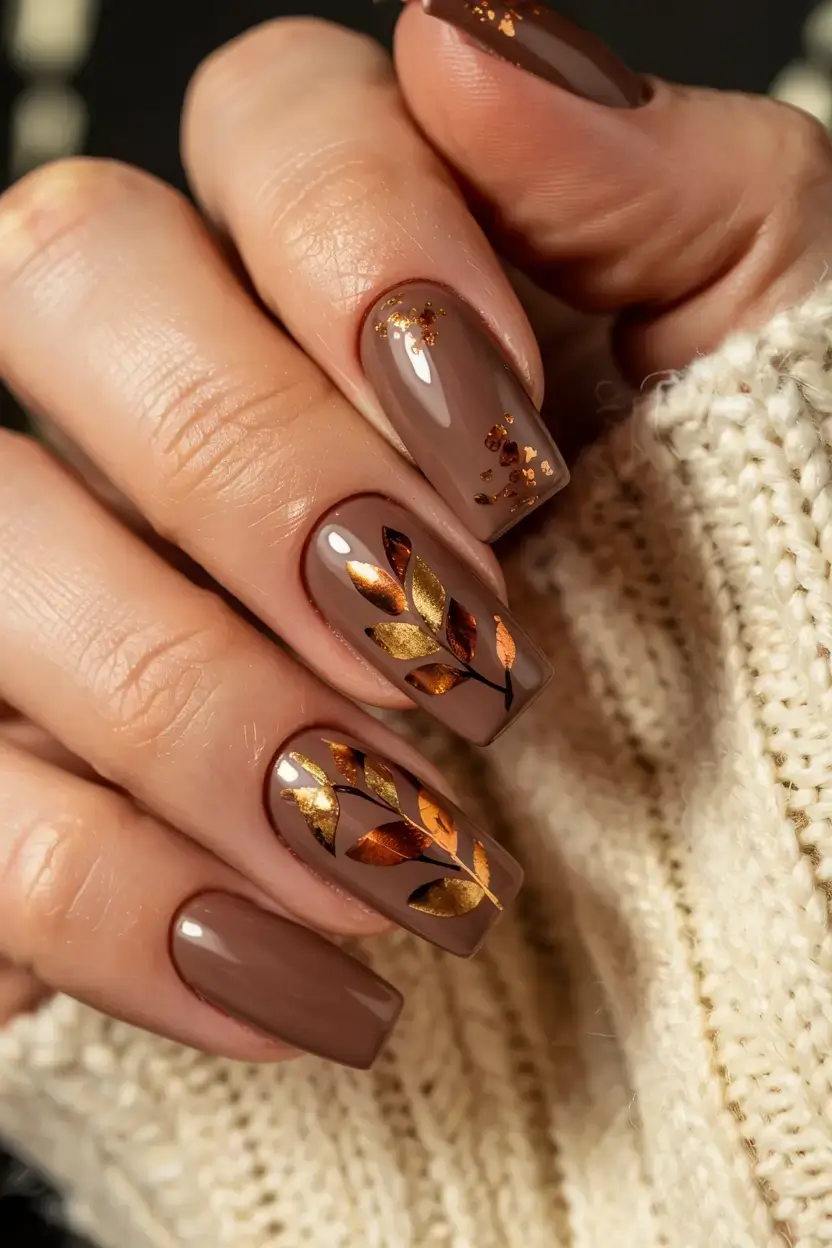 september nails design fall trends for 2025 Cocoa Gold Leaves
