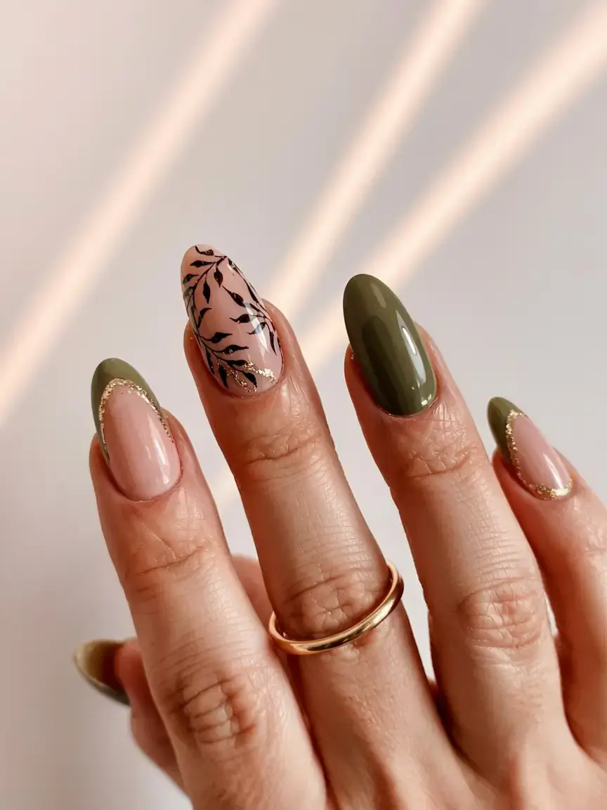 september nails design fall trends for 2025 Olive French With Botanical Punch