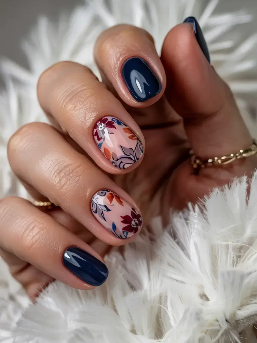 september nails design fall trends for 2025 Twilight Florals & Navy