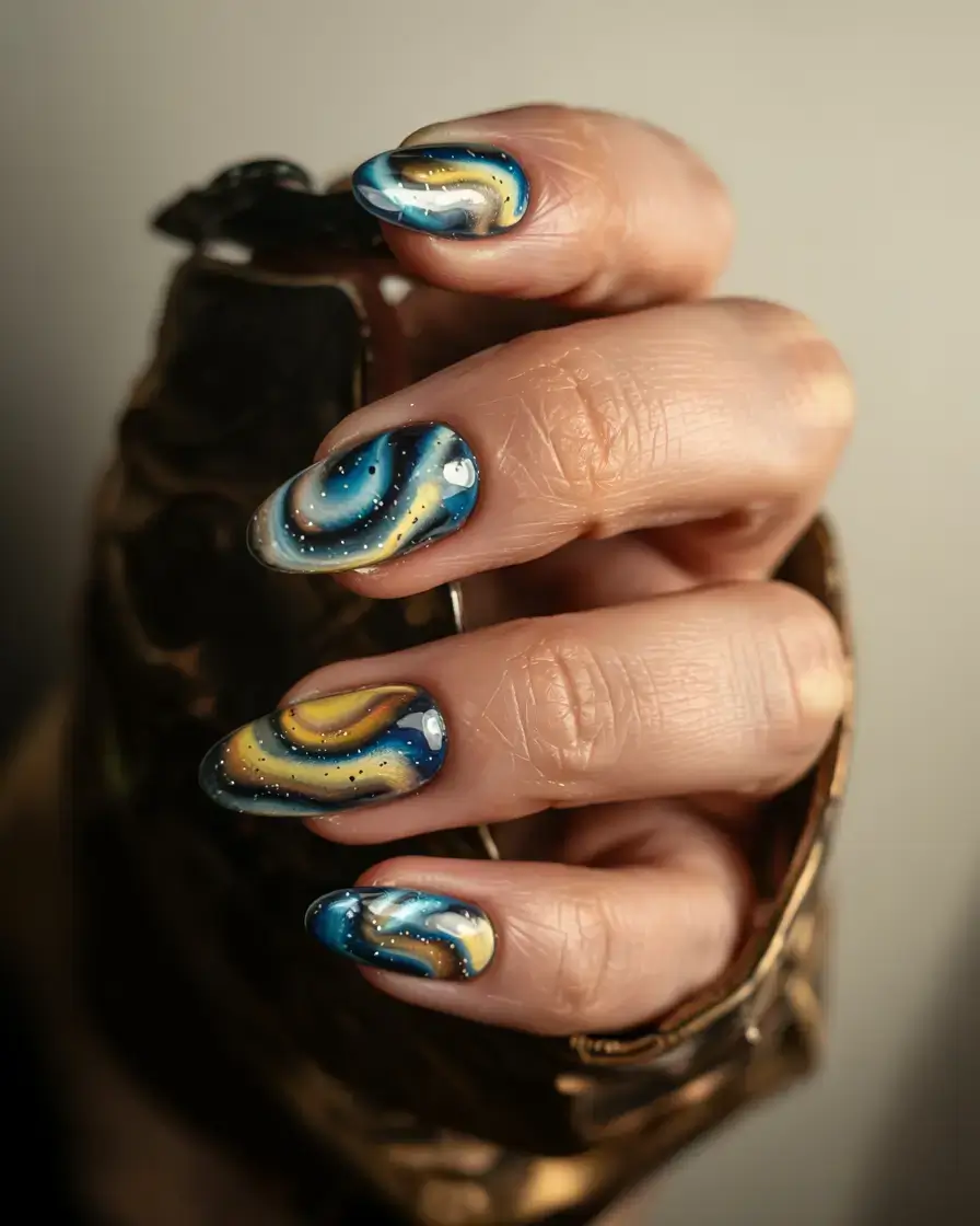 september nails design fall trends for 2025 Celestial Marble Swirl