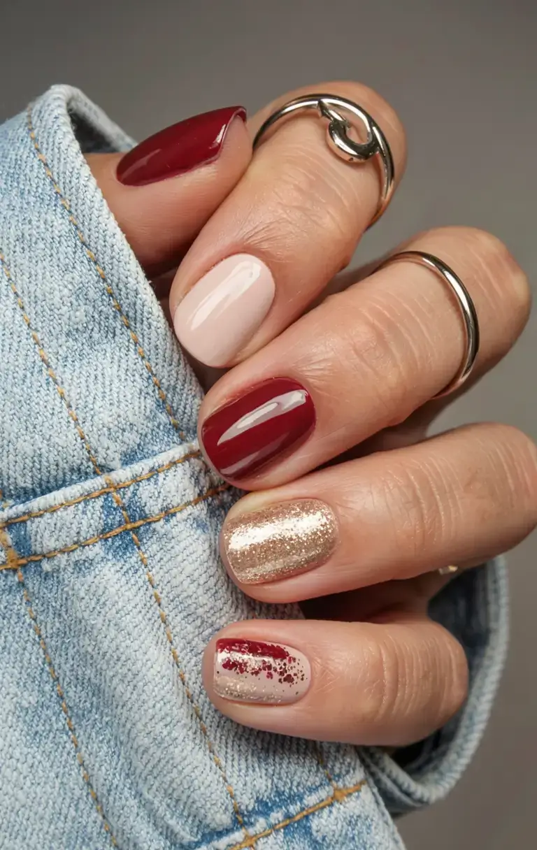 september nails design fall trends for 2025 Rosé & Ruby Sparkle Mix