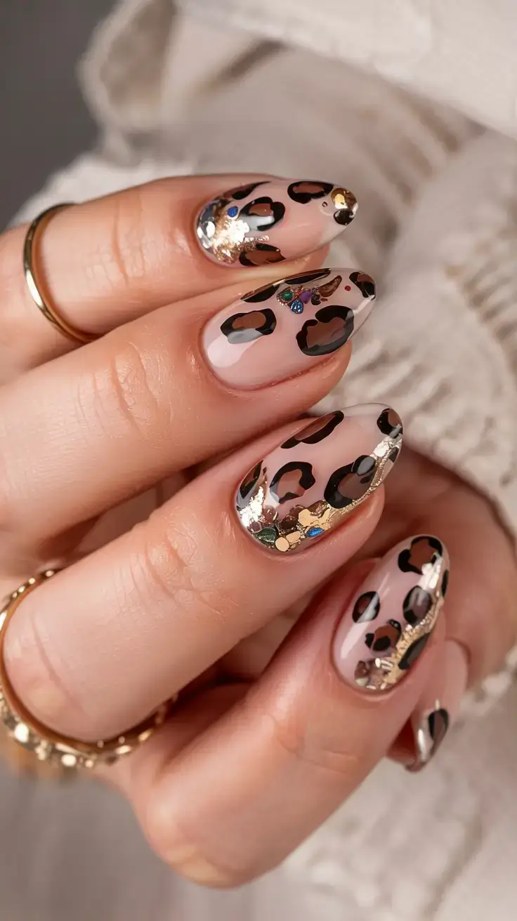 september nails design fall trends for 2025 Glitzy Leopard Luxe