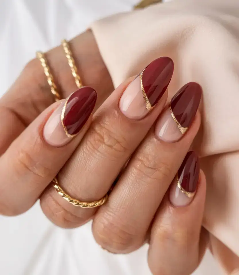 september nails design fall trends for 2025 Merlot Lines & Gold Cut