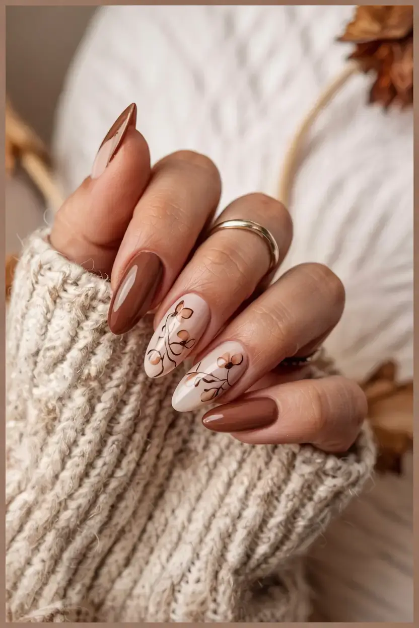 september nails design fall trends for 2025 Soft Mocha Branches and Cozy Knit Vibes