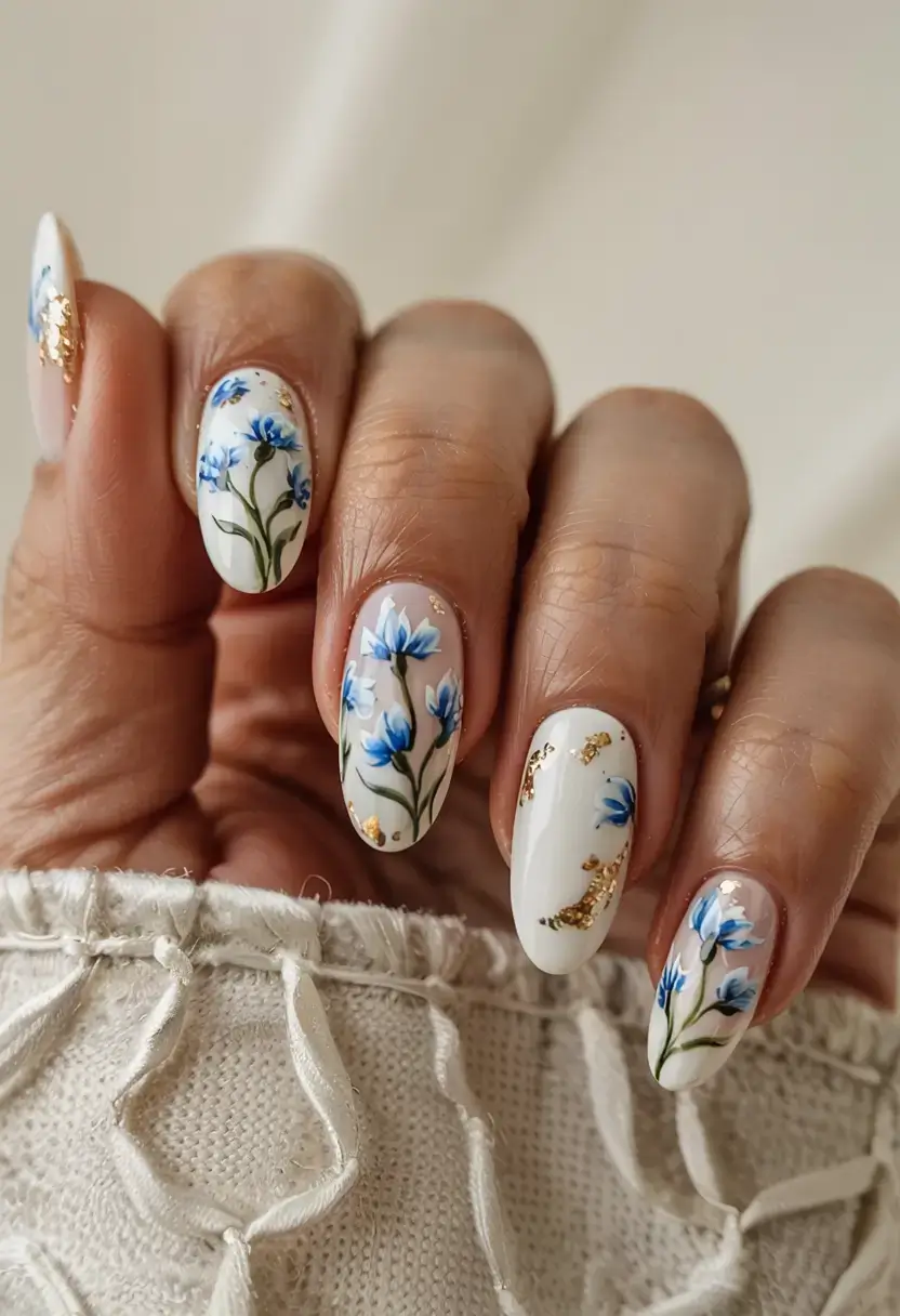 september nails design fall trends for 2025 Blue Florals on Porcelain White