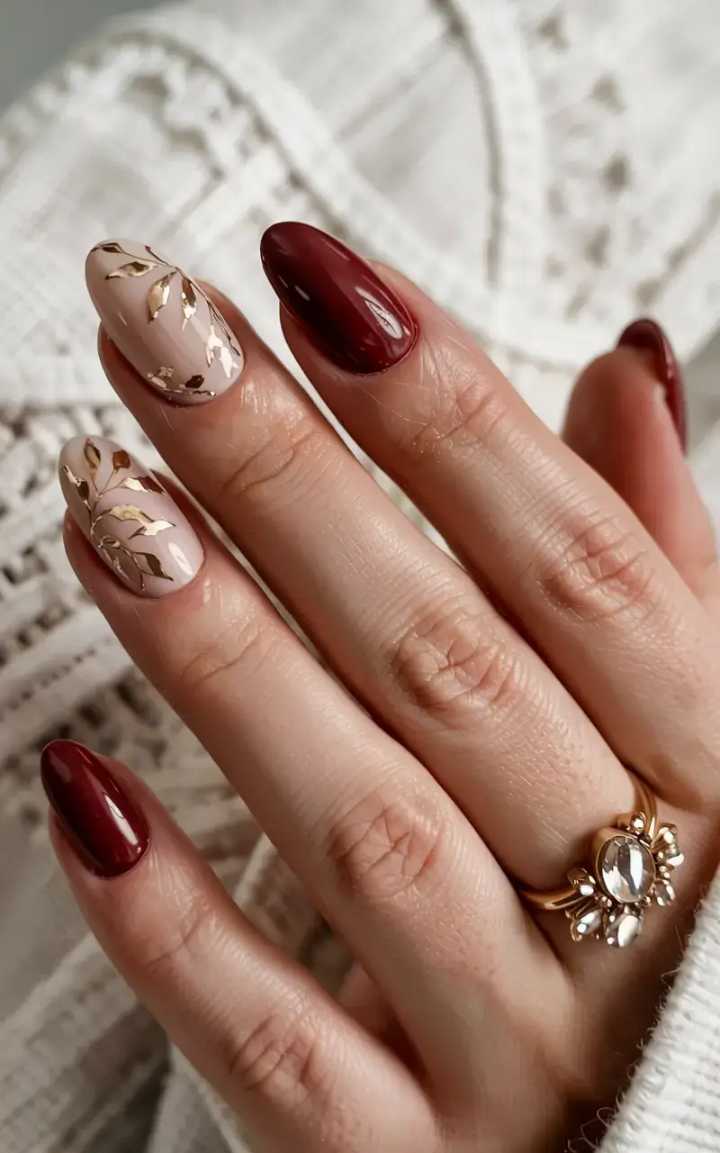 september nails design fall trends for 2025 Berry Wine & Golden Leaves