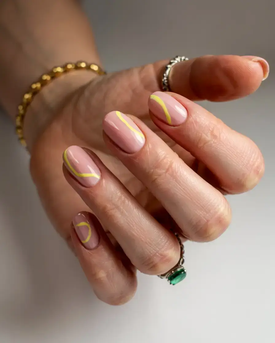 september nails design fall trends for 2025 Neon Curve Stripes on Blush Base