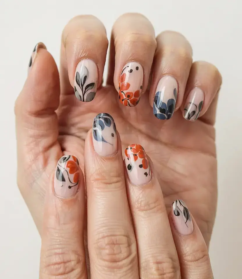 september nails design fall trends for 2025 Muted Blooms in Ink & Pumpkin