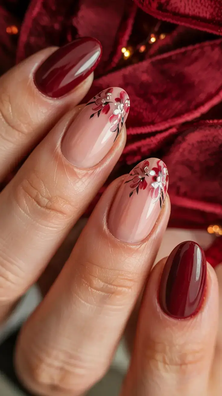 september nails design fall trends for 2025 Plum Blossoms on Nude Glass