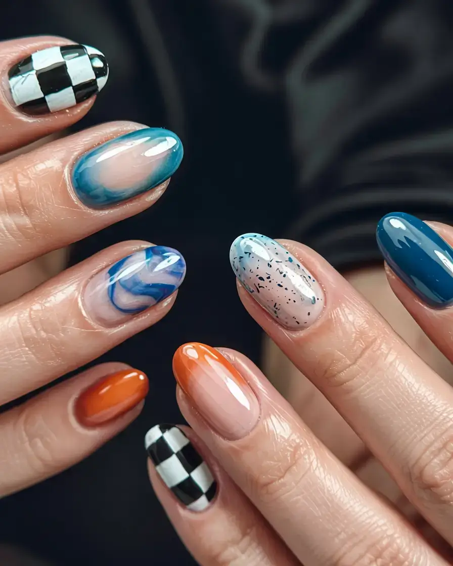 september nails design fall trends for 2025 Checkmate Meets Abstract Sky