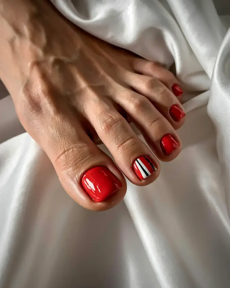 september toe nails ideas 2025 Red Chic with Racing Stripes