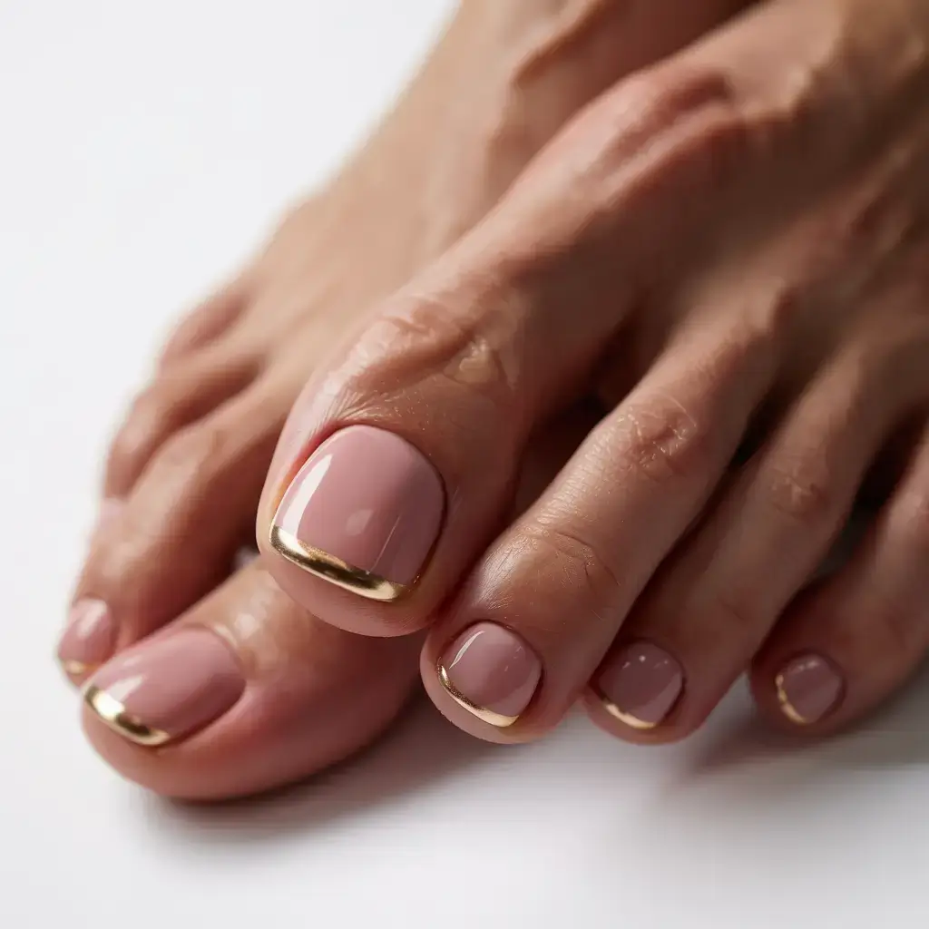 september toe nails ideas 2025 Rose Nude With a Golden French Twist