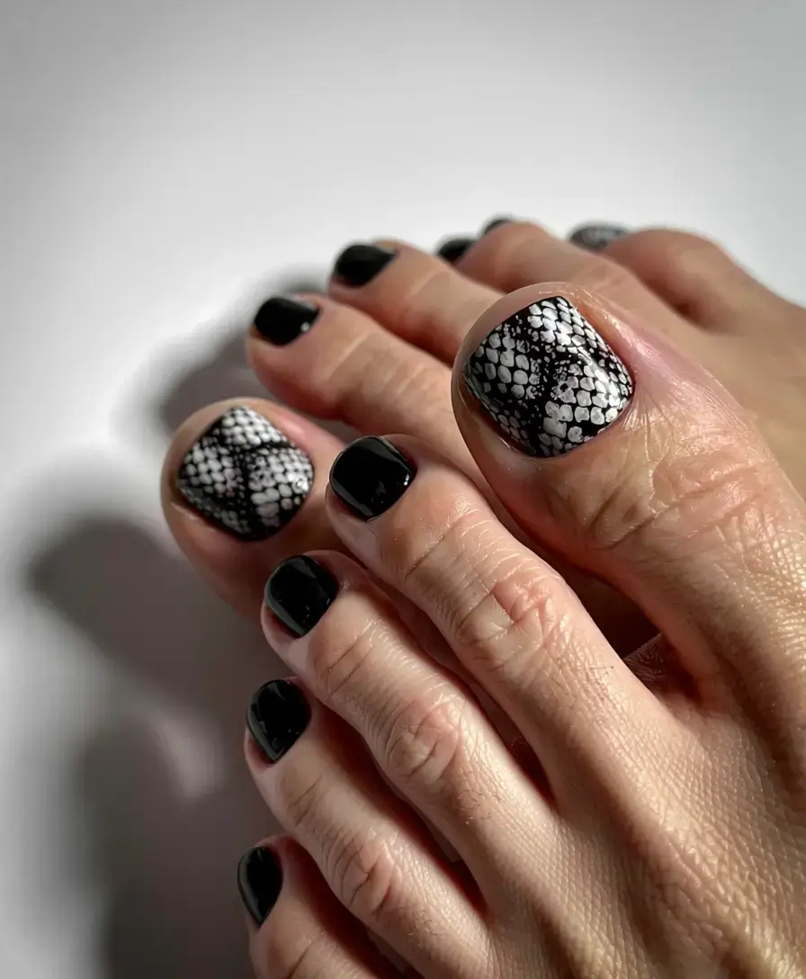 september toe nails ideas 2025 Chic Noir with Lace Illusion