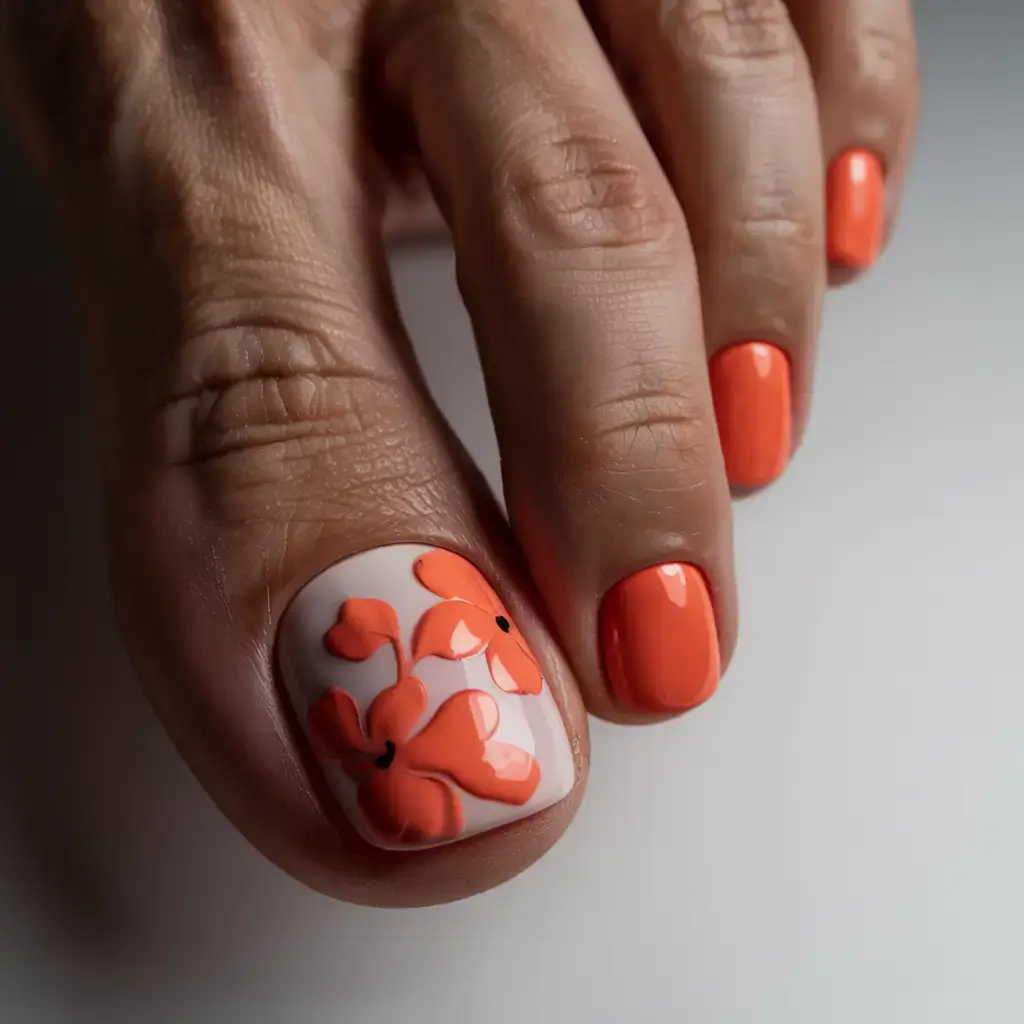 september toe nails ideas 2025 Bold Blooms in Tangerine