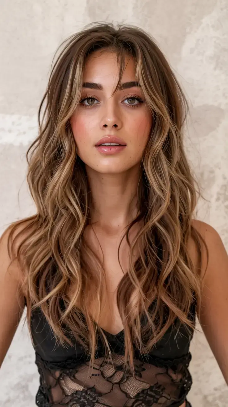 best fall 2025 hairstyles and color pairings Long Waves with Soft Curtain Bangs