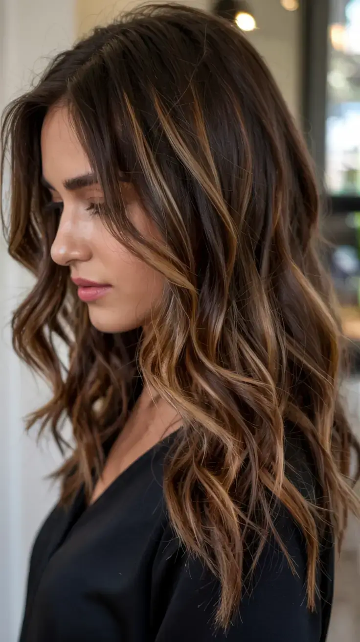 best fall 2025 hairstyles and color pairings Deep Brunette with Caramel Ribbons