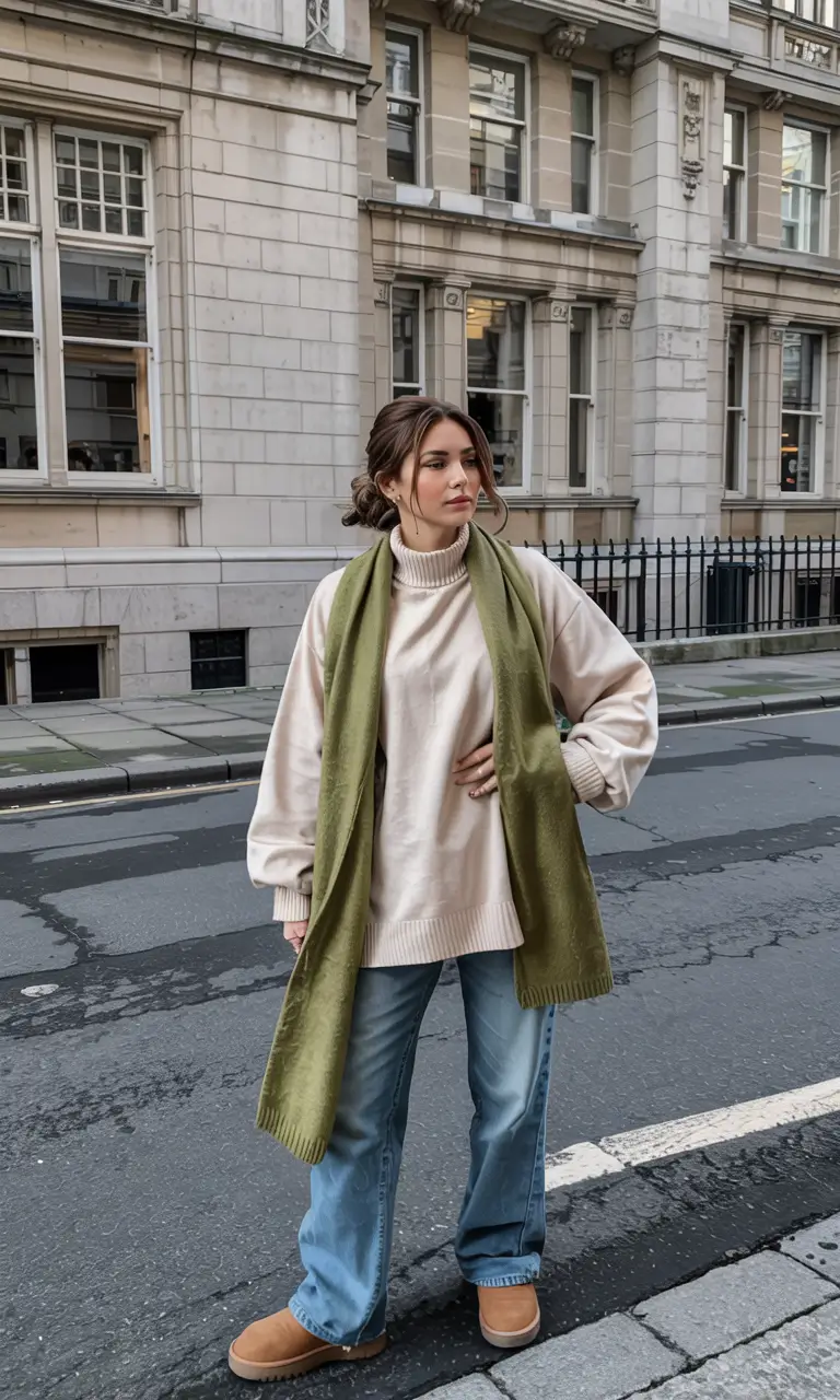 Cream knit with olive scarf