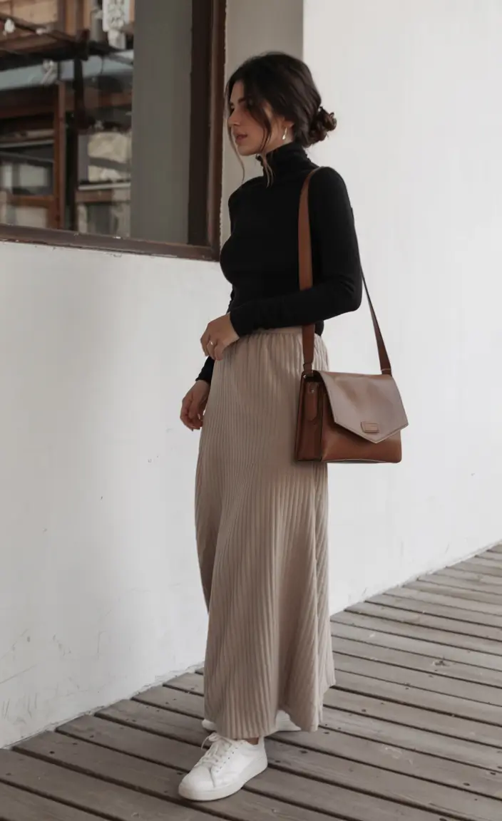 Soft neutrals pleated maxi skirt