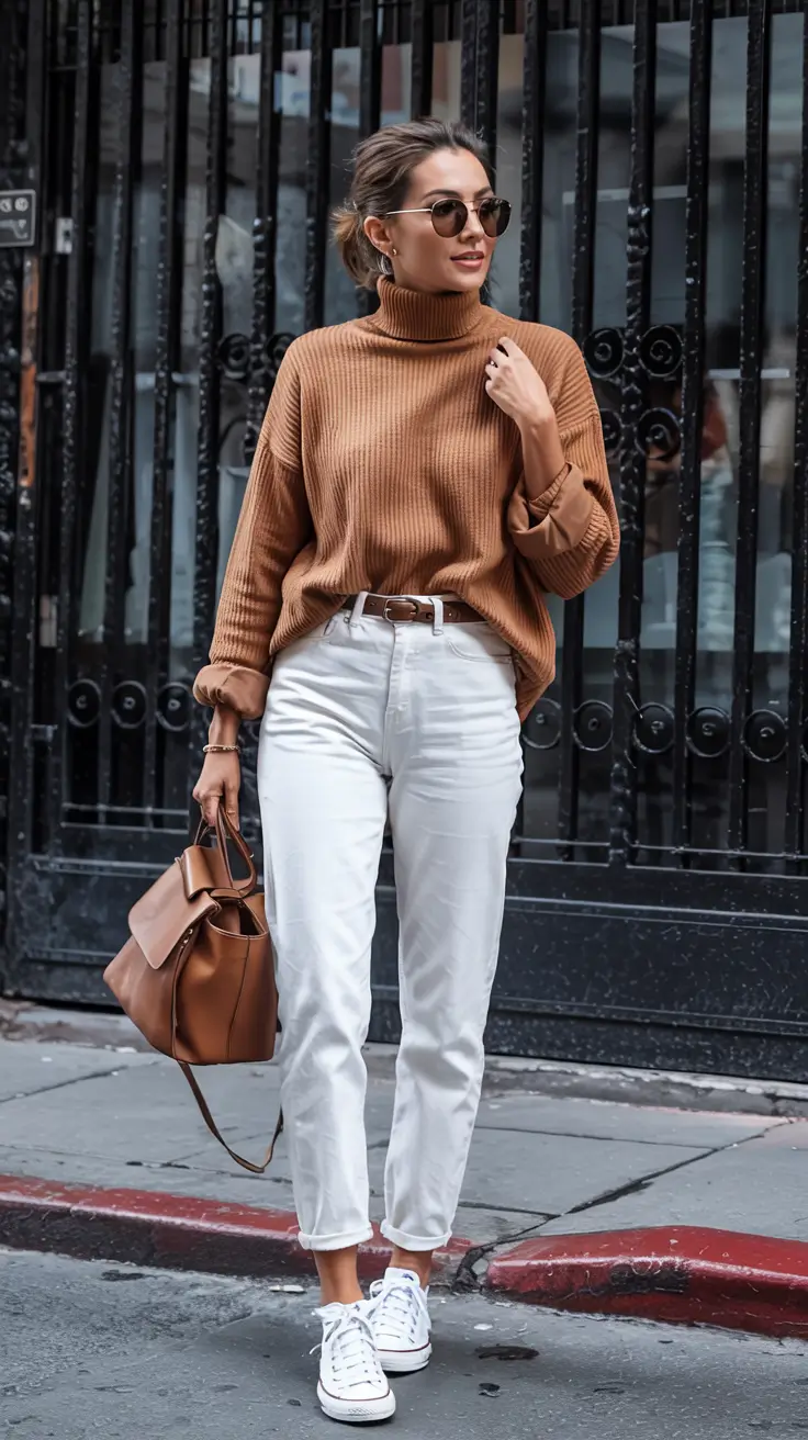 Caramel knit white jeans