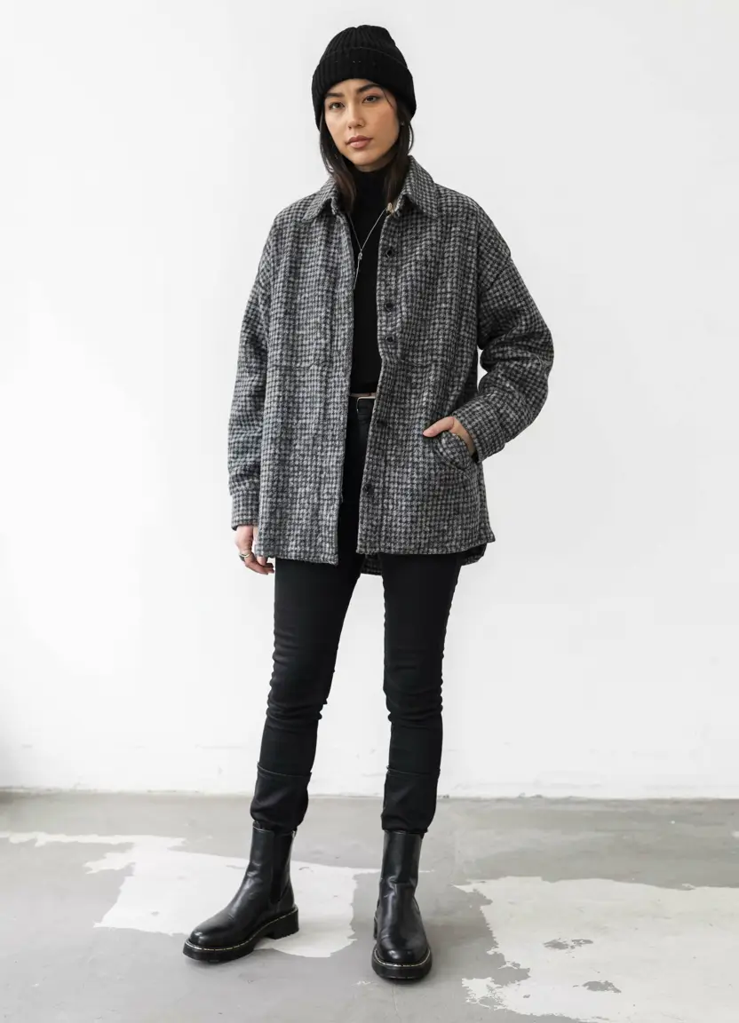 Houndstooth shacket black jeans