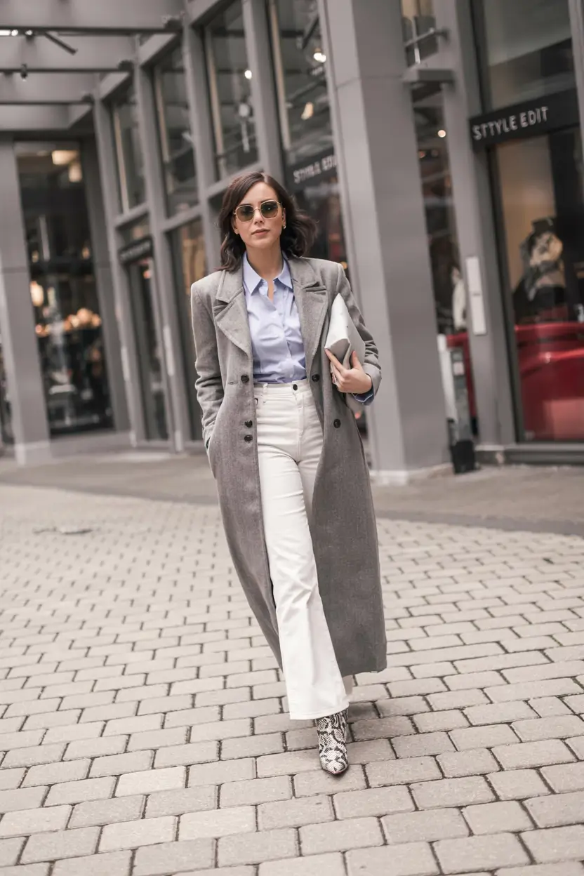 Grey coat white denim