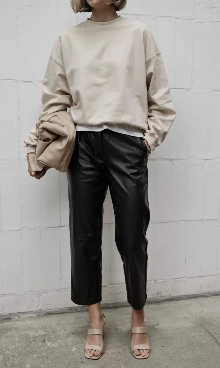Leather pants beige sweatshirt