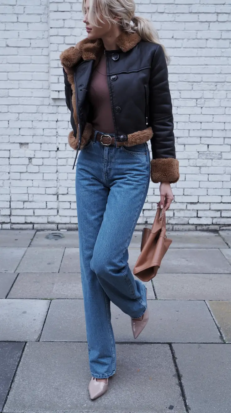 Faux fur trim jacket flared denim