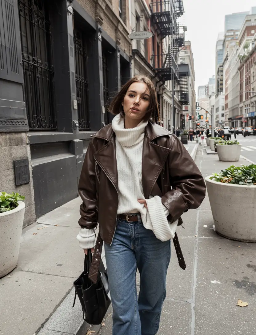 Chunky knit brown leather jacket