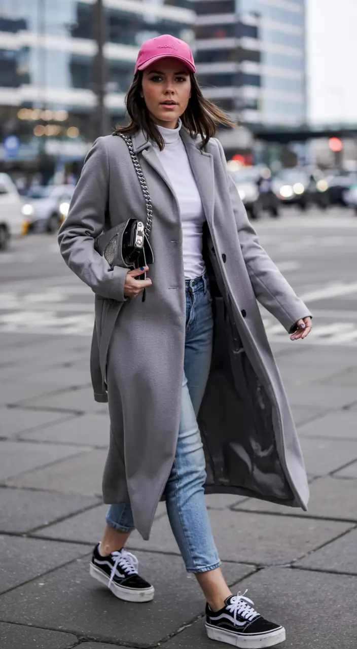 Grey coat pink cap sneakers