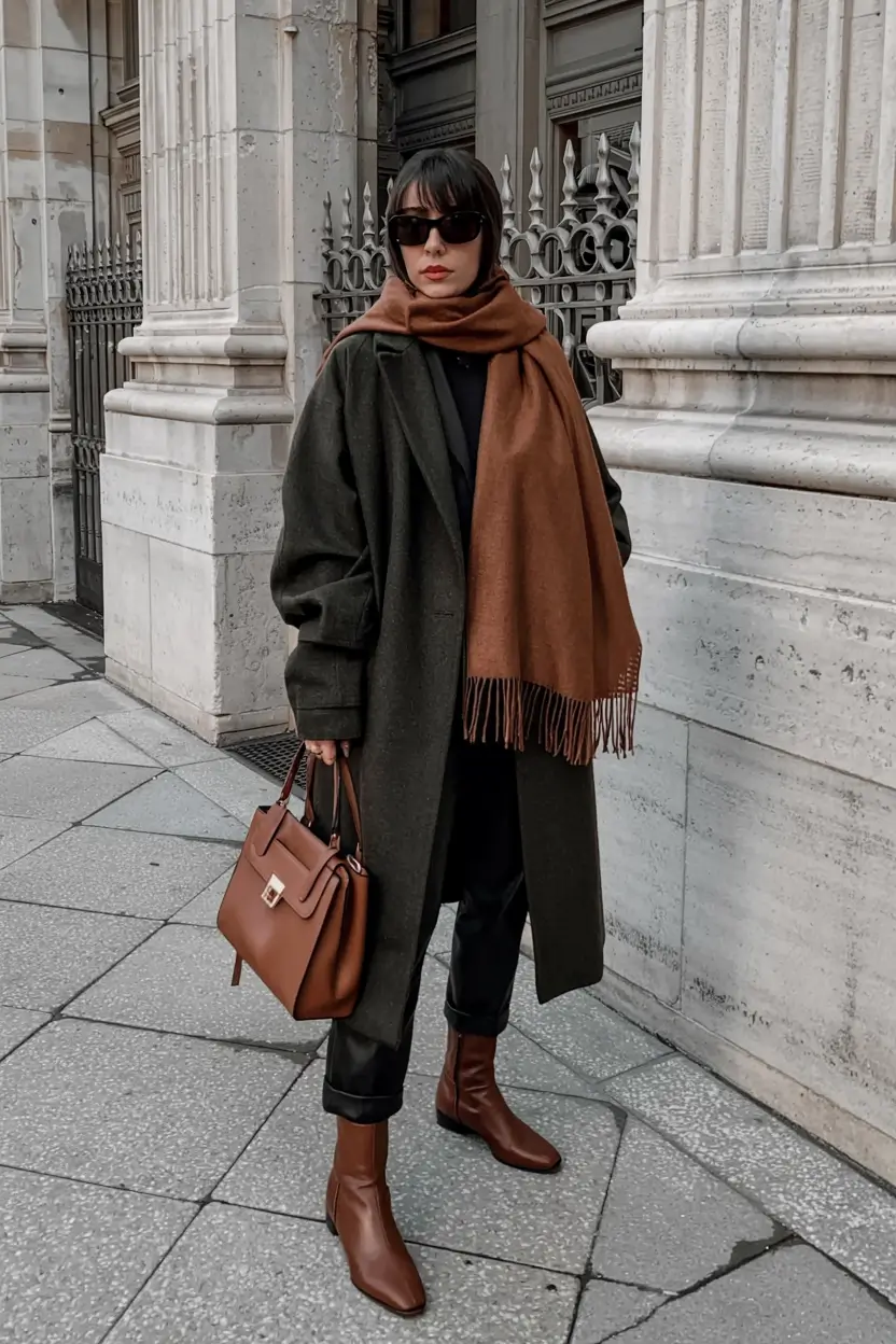 Earthy coat rust scarf black pants