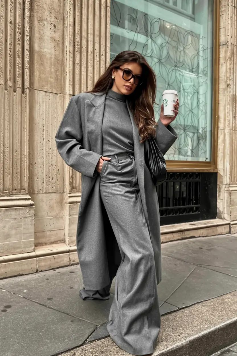 Monochrome grey wide-leg suit