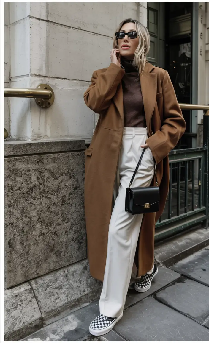 Camel coat checkerboard sneakers