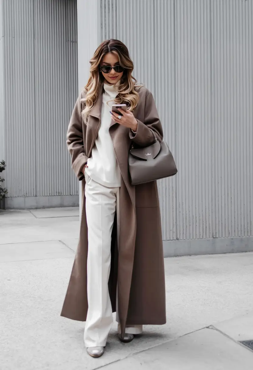 Taupe coat white pants metallic shoes