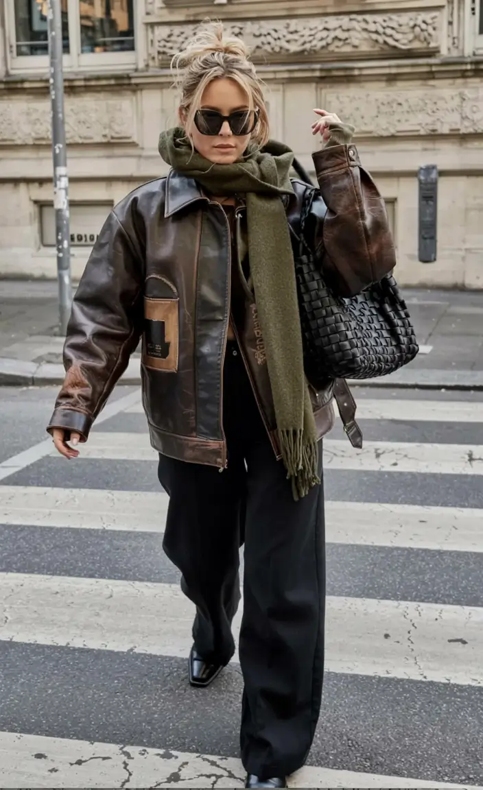 Leather jacket olive pants street style