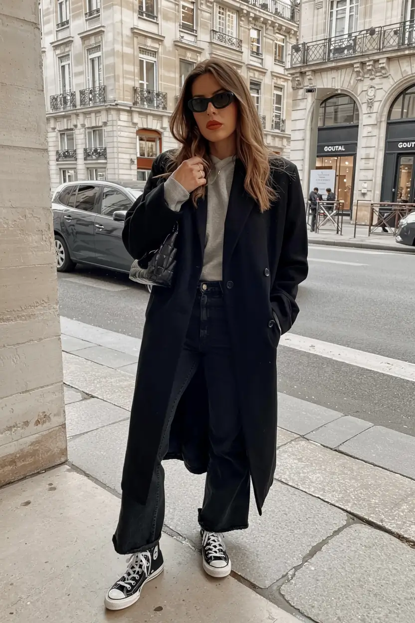 Long coat converse sneakers