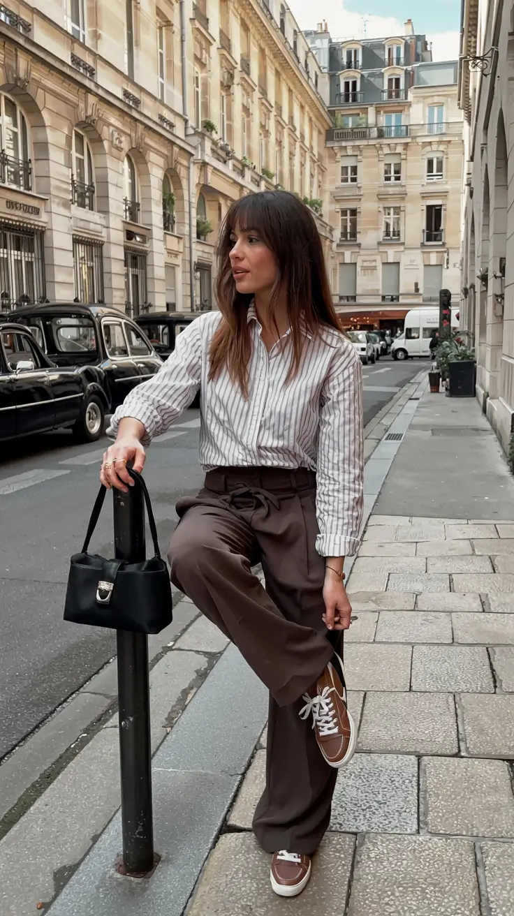Striped shirt brown trousers sneakers