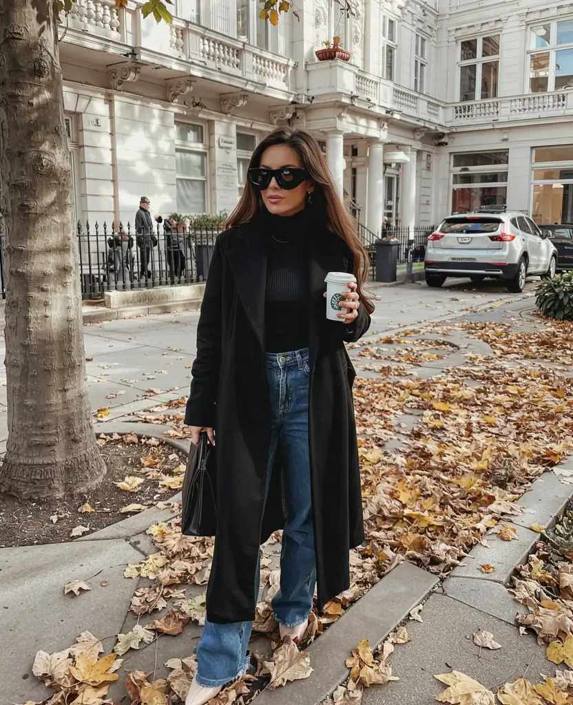 classy winter outfits ideas 2025 2026 Weekend Denim and Black Coat Simplicity