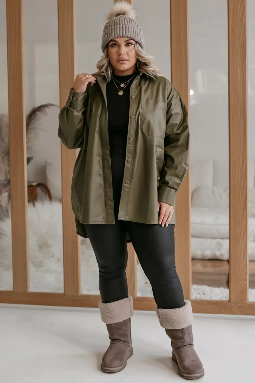curvy winter outfits 2025 2026 Playful Layers with Military Green
