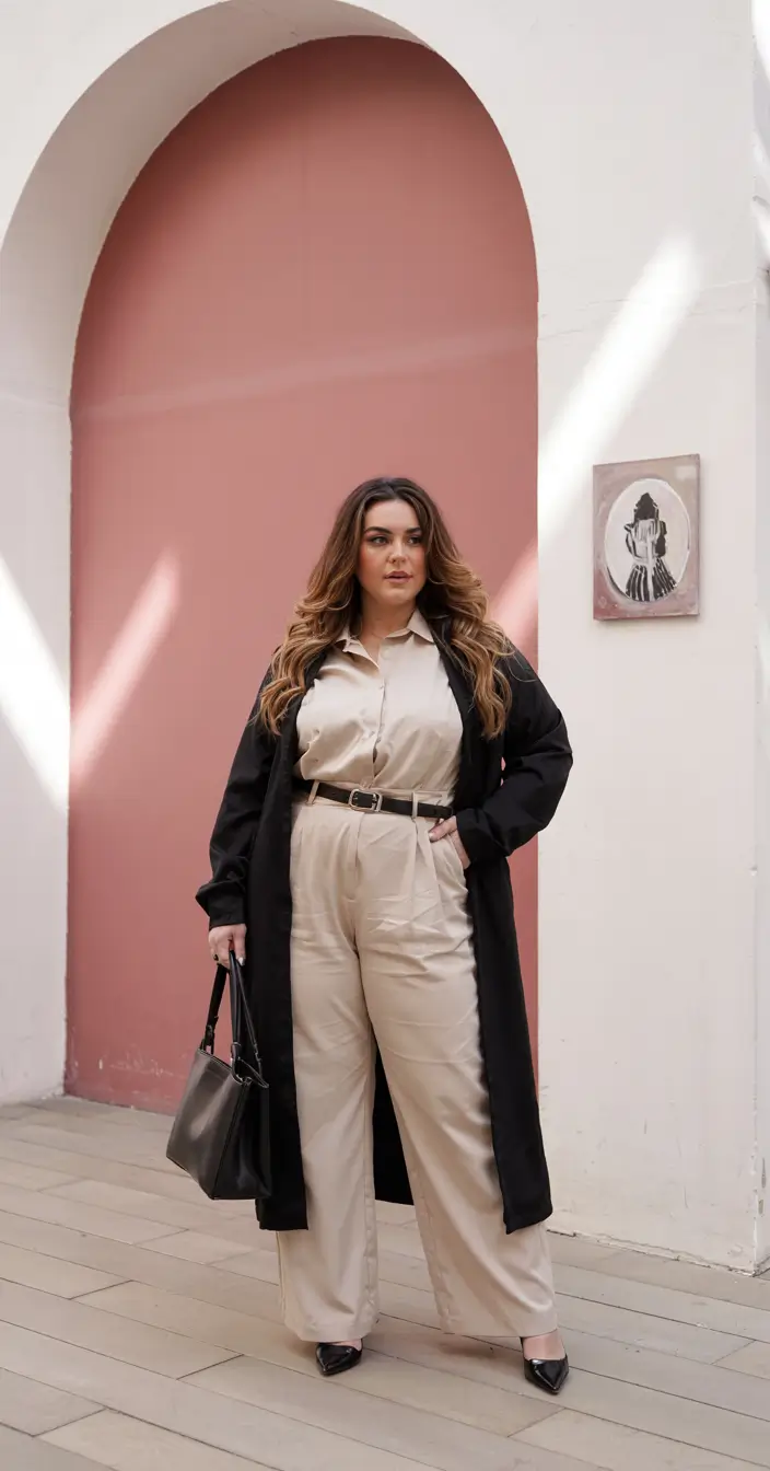 curvy winter outfits 2025 2026 Tailored Elegance in Monochrome Beige