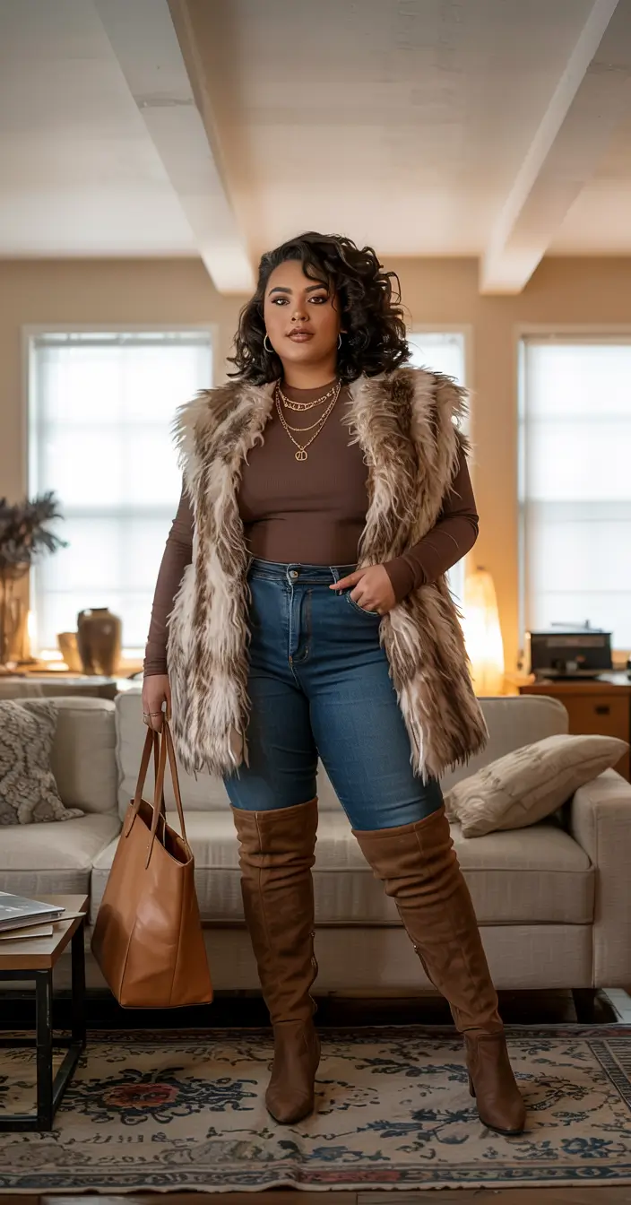curvy winter outfits 2025 2026 Faux-Fur Statement with Denim