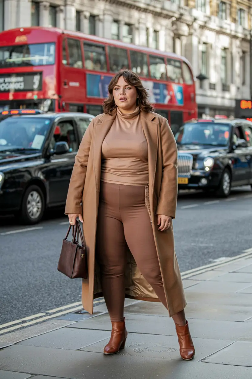curvy winter outfits 2025 2026 Street Sleek in Camel and Leather