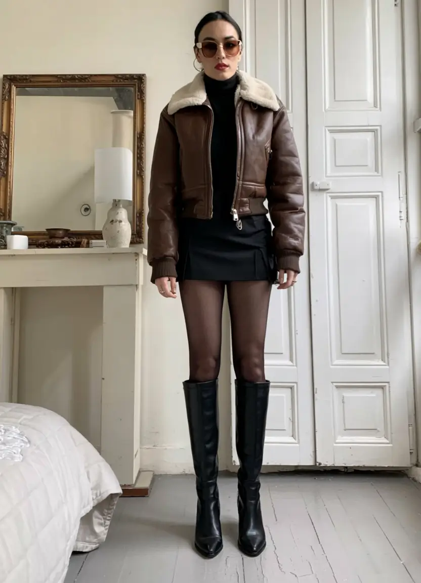 cute winter outfits style 2025 2026 Aviator Cool Meets Feminine Silhouette