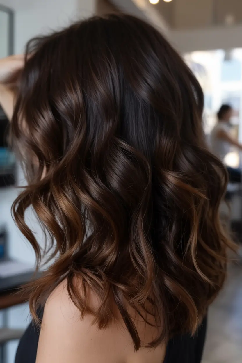 dark winter hair color ideas 2025 2026 Caramel-Infused Brunette Curls